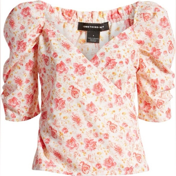 Something Navy Fitted Floral Surplice Top Small - Picture 6 of 14